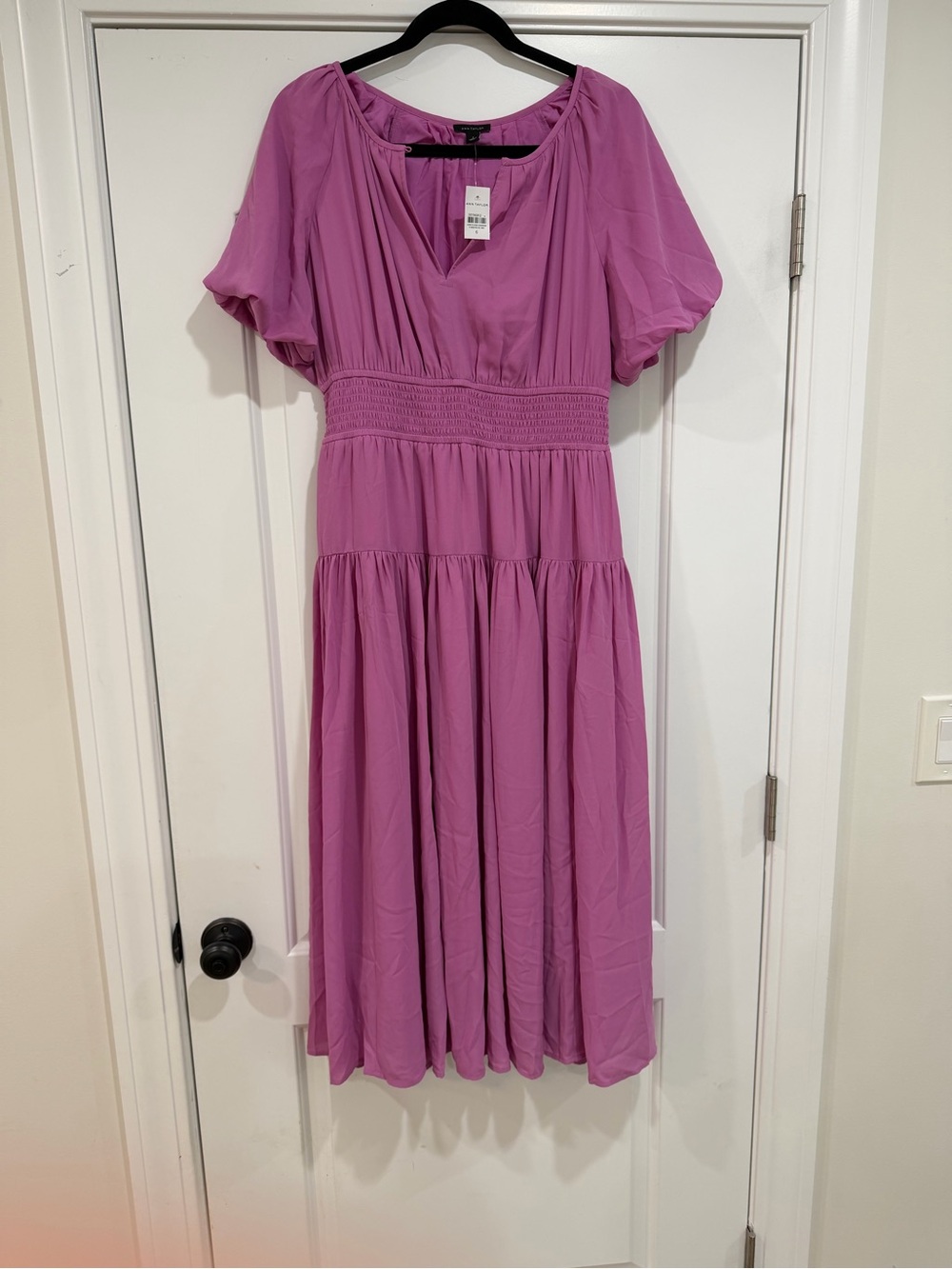 Ann Taylor Magenta Tiered Midi Dress with Smocked Waist
